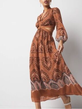 White House Black Market Brown Paisley Midi Dress with Cutout Detail